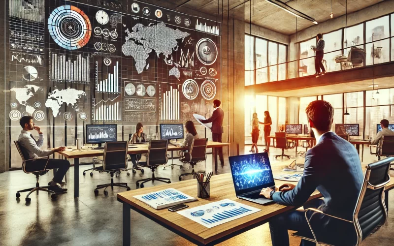 DALL·E 2024-11-26 00.19.03 - Um ambiente de escritório iluminado e moderno, com um laptop aberto sobre uma mesa exibindo gráficos, planilhas e relatórios coloridos na tela. Um exe